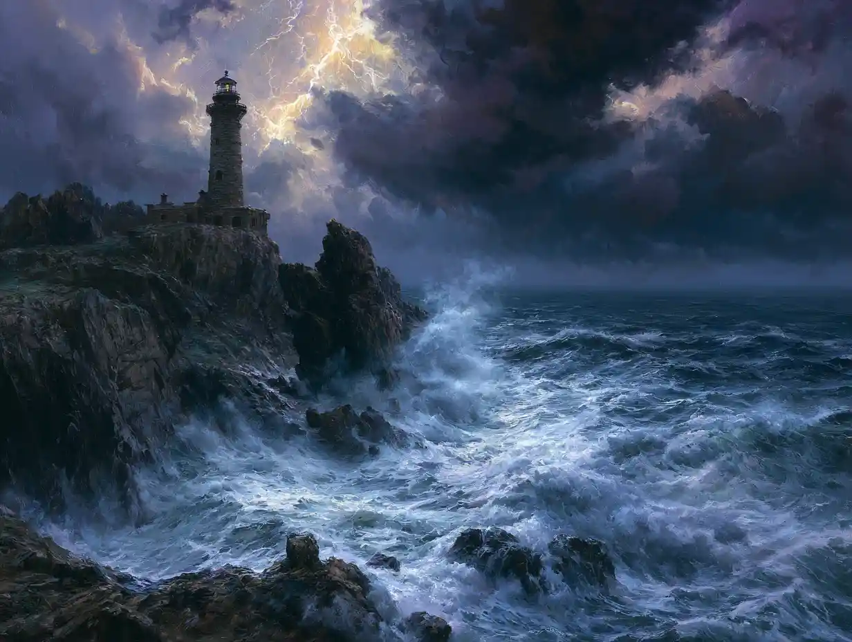 Faro sul mare in tempesta su una scogliera frastagliata di notte