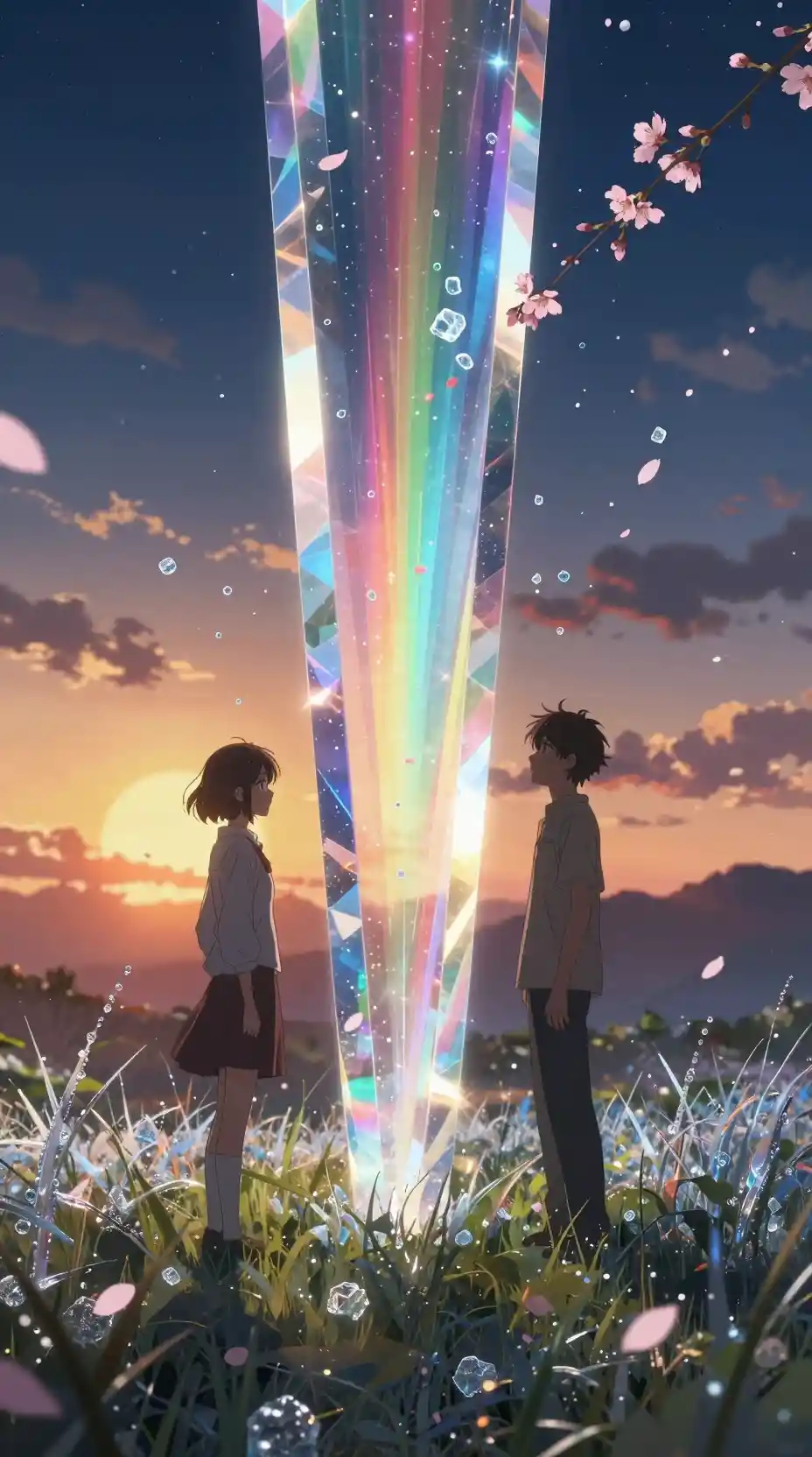 Two anime figures divided by a glowing crystal prism