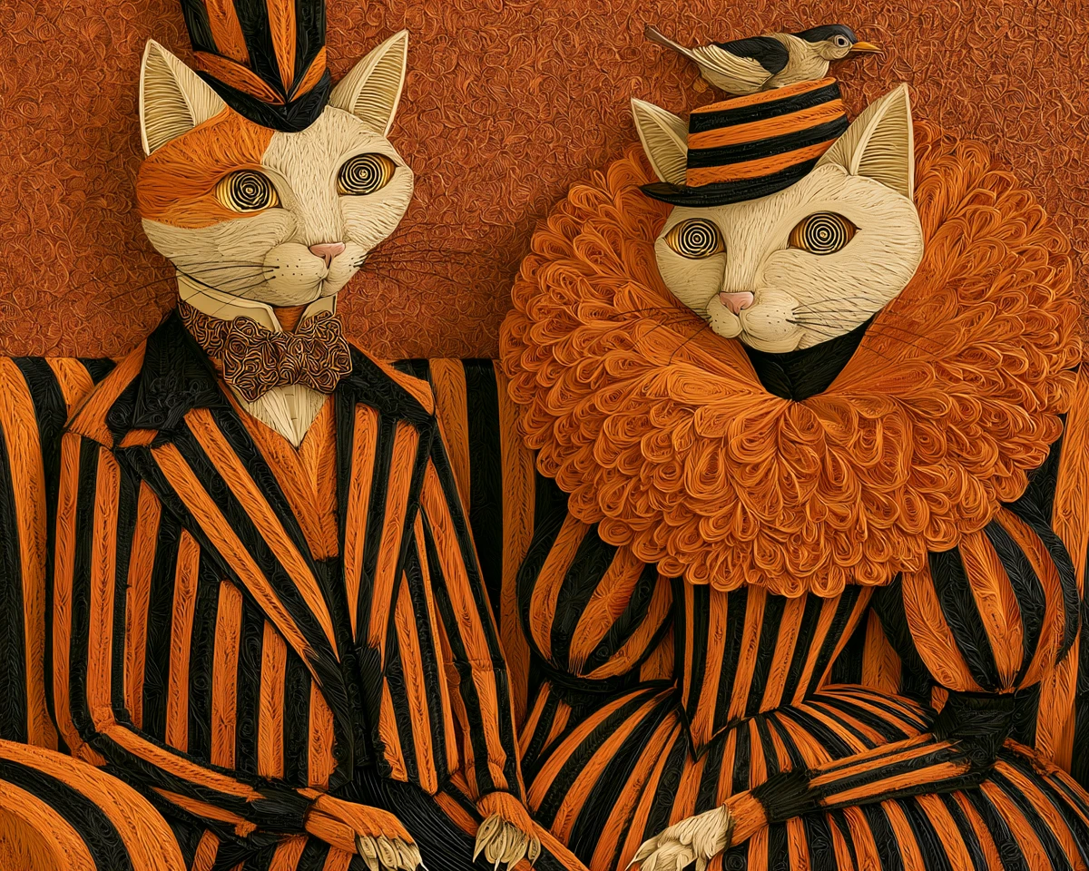 Victorian dressed cats sitting together on a striped couch