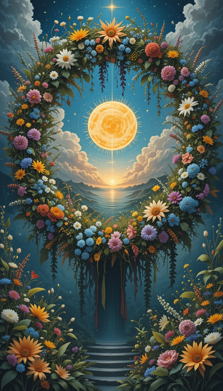 Midsummer wreath at sunrise in the peaceful countryside