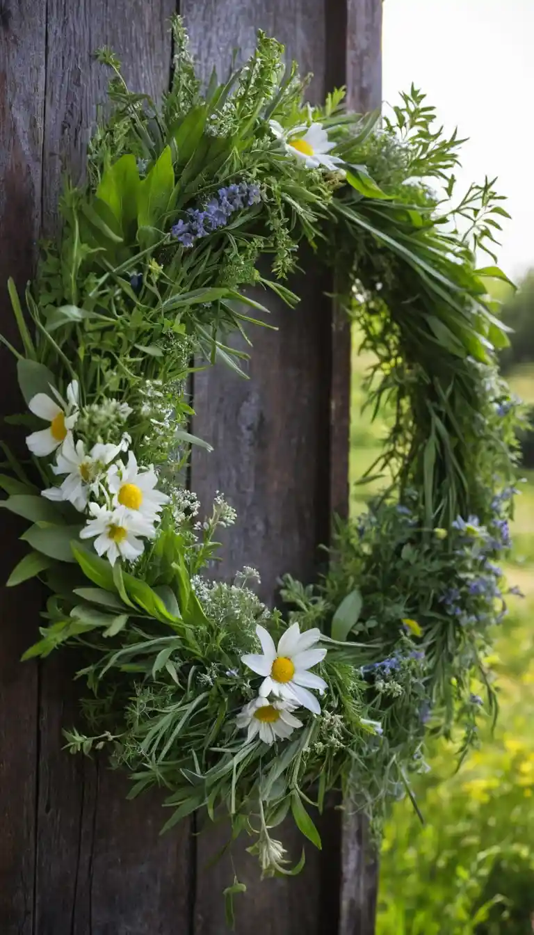 People celebrating Midsummer Day with a herbal wreath at sunrise