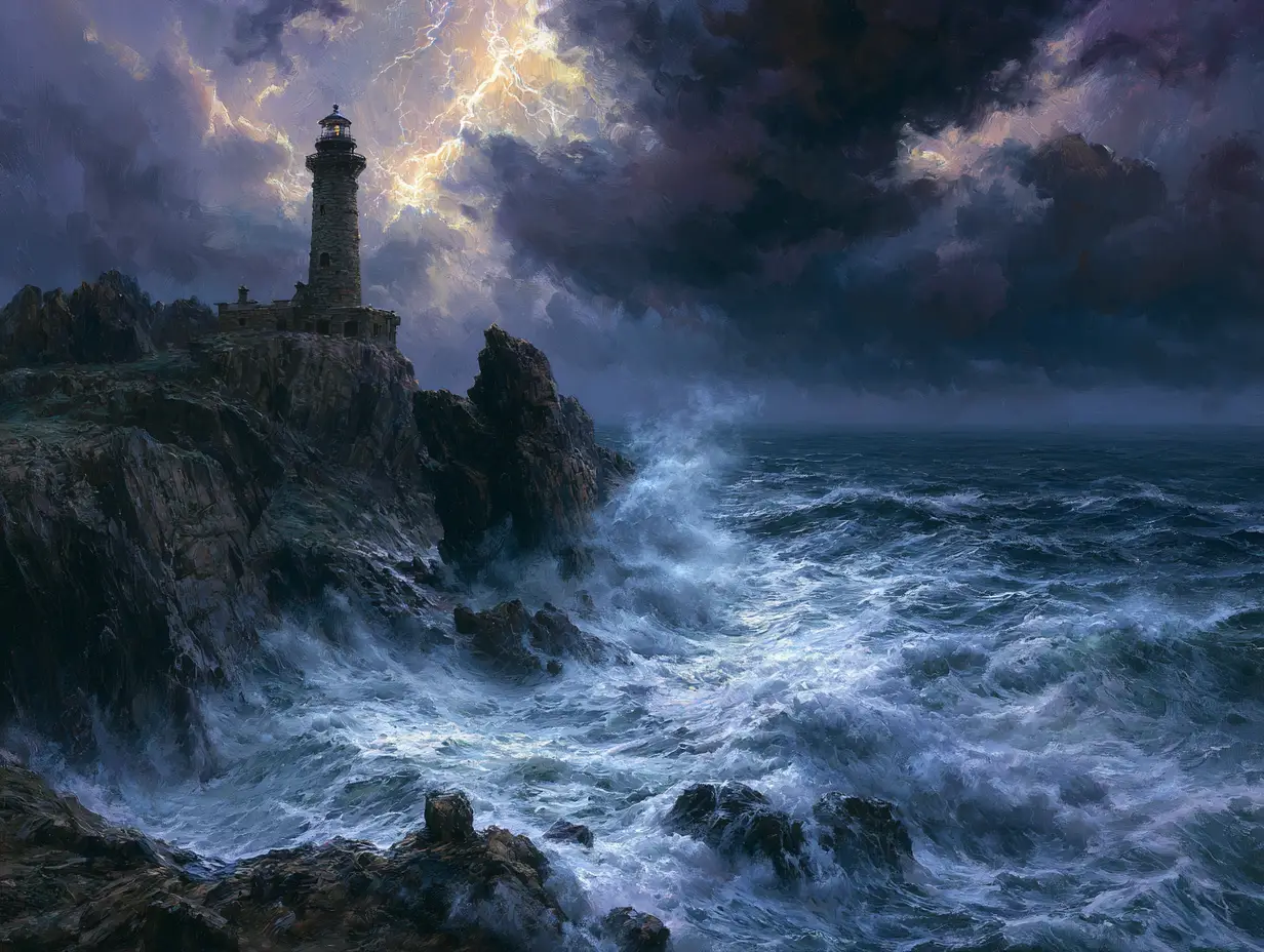Stormy sea lighthouse on a jagged cliff at night