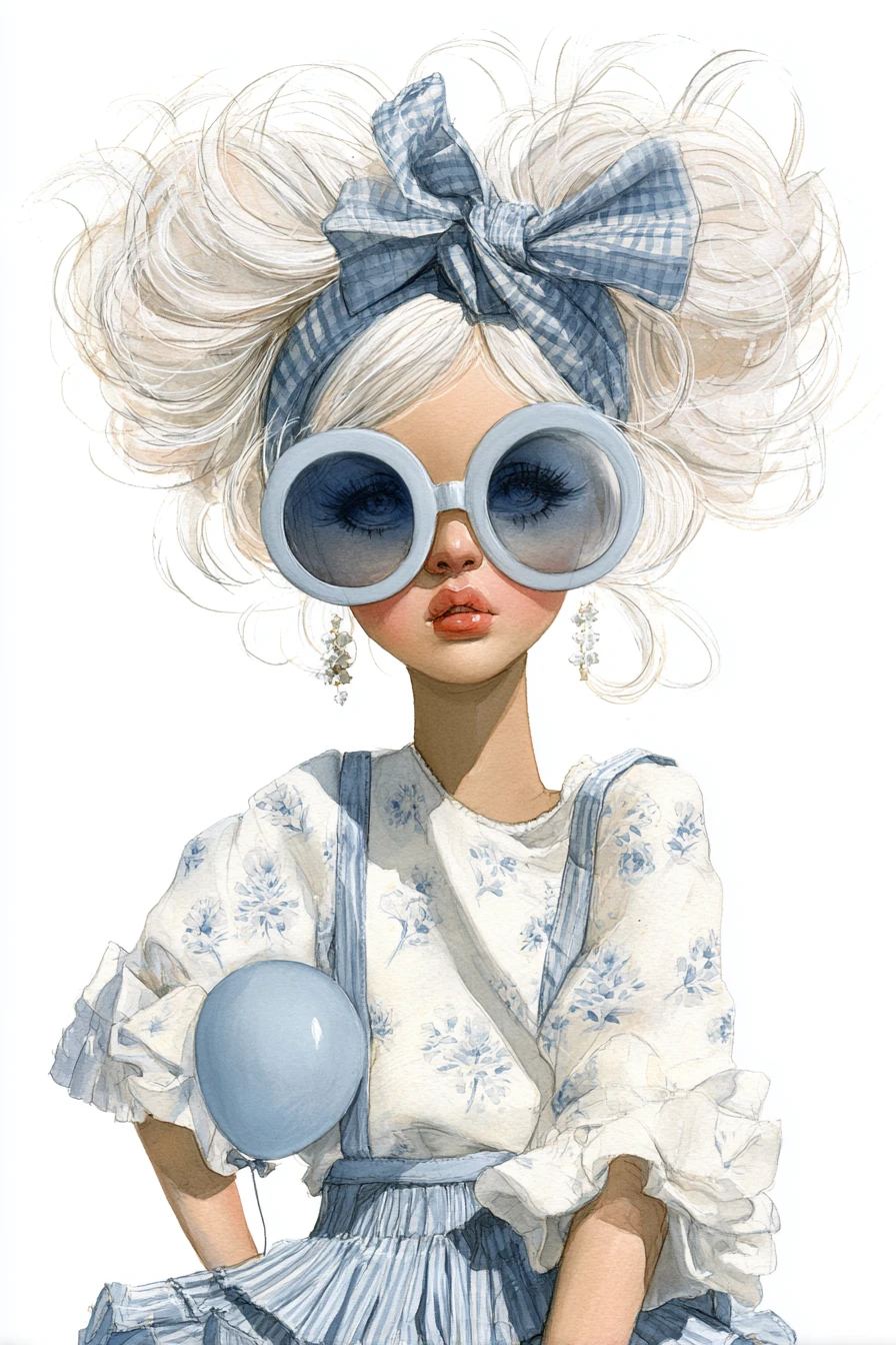 Cute doll like girl with big glasses and blonde pigtails