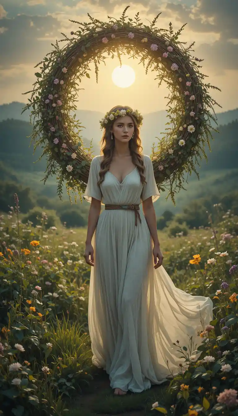 Beautiful girl celebrating Midsummer Day in a nature landscape
