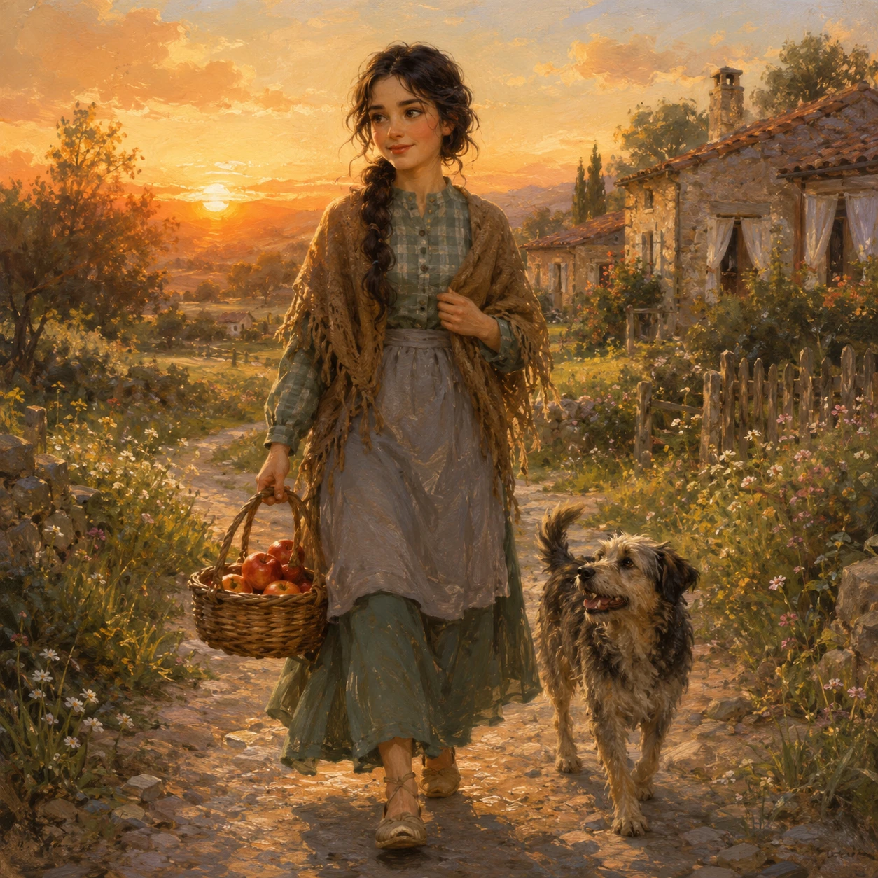 Young girl walking a country path at sunset
