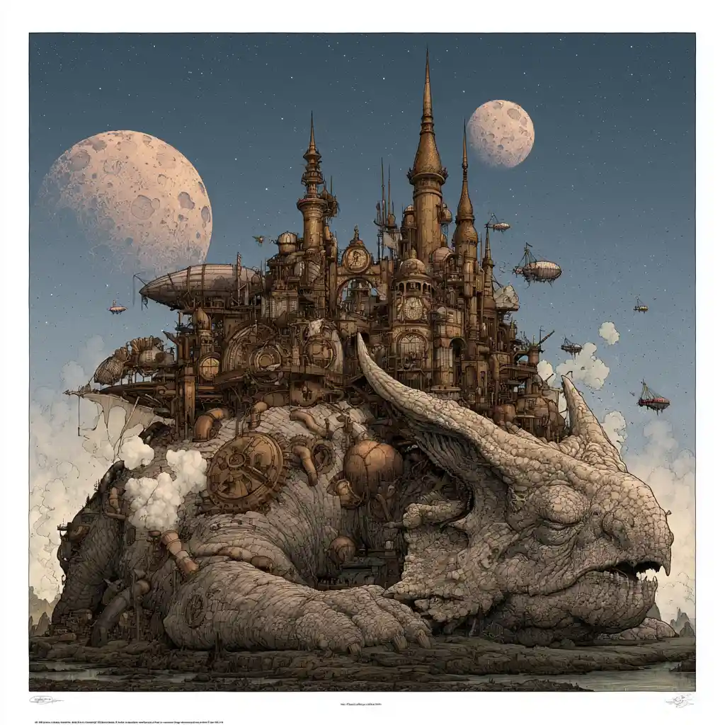 Steampunk clockwork city on the back of a colossal dragon