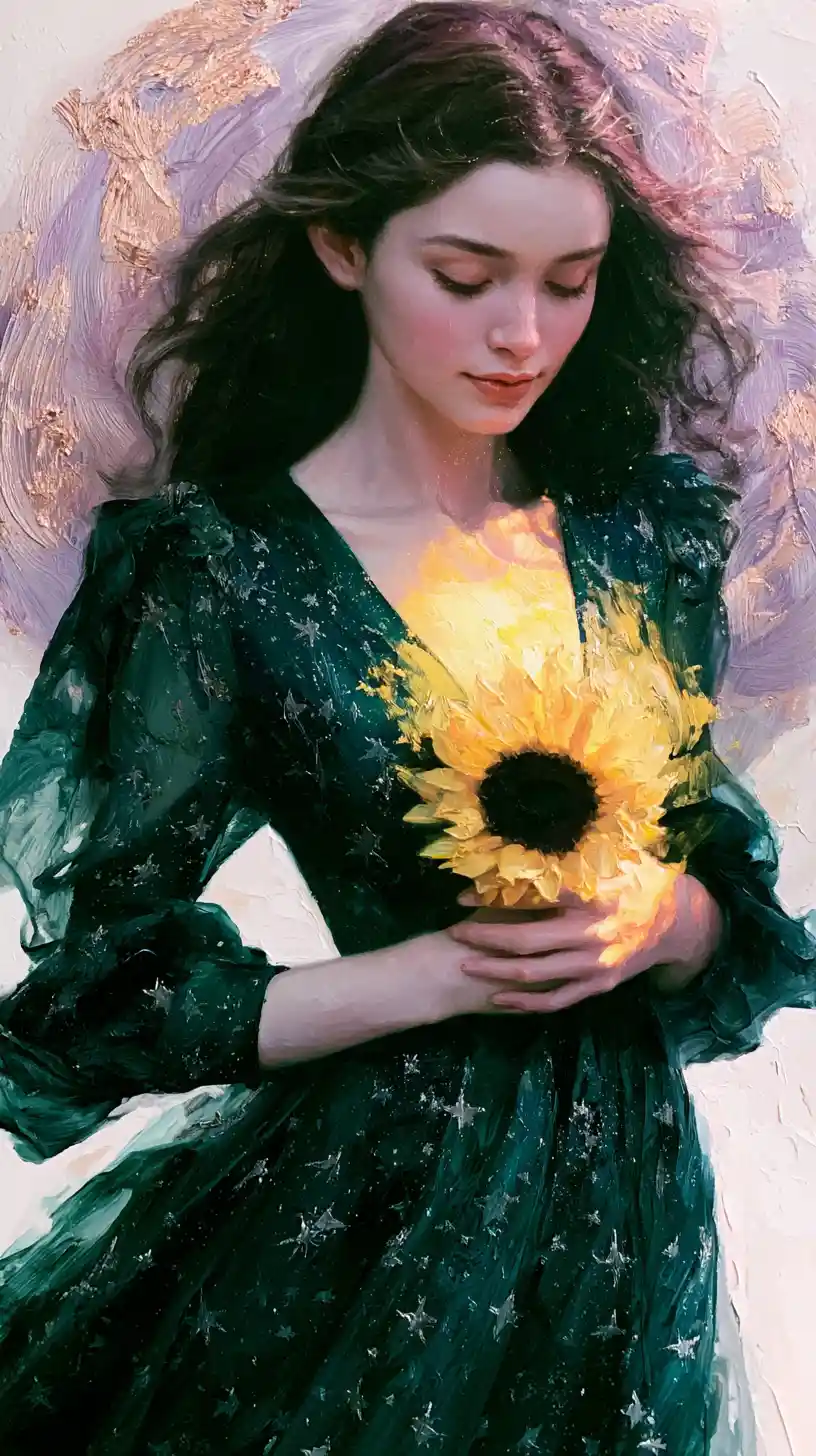 Young woman in green dress holding a single sunflower