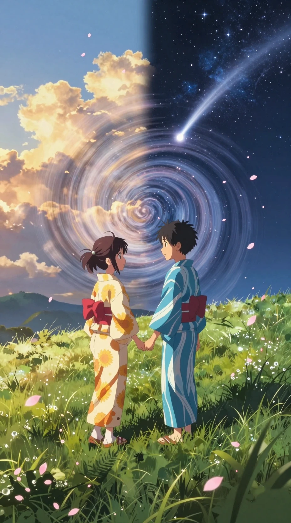 Anime couple on a glowing grassy hill under swirling skies
