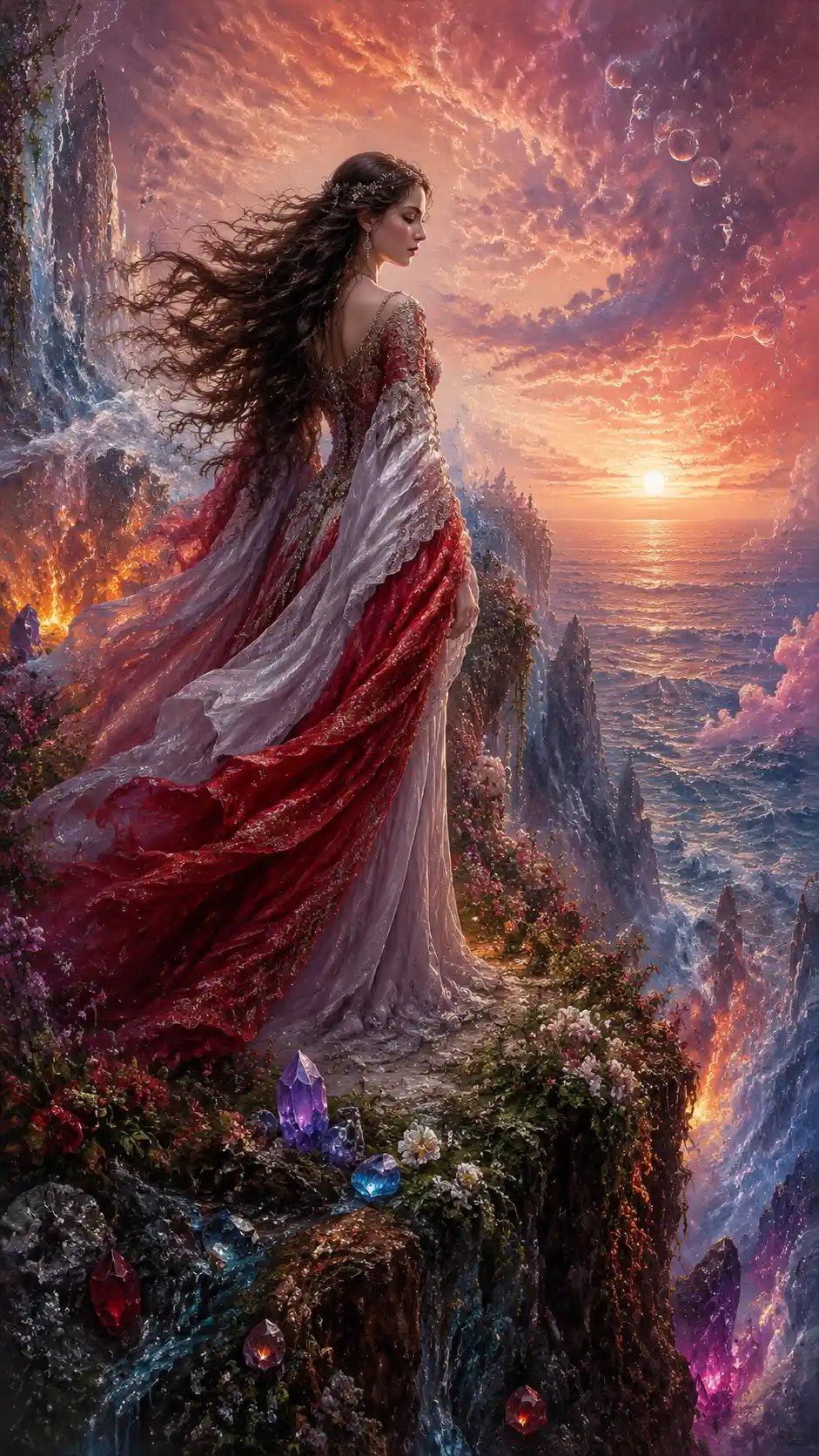 Woman in layered gown on a cliff above the sea