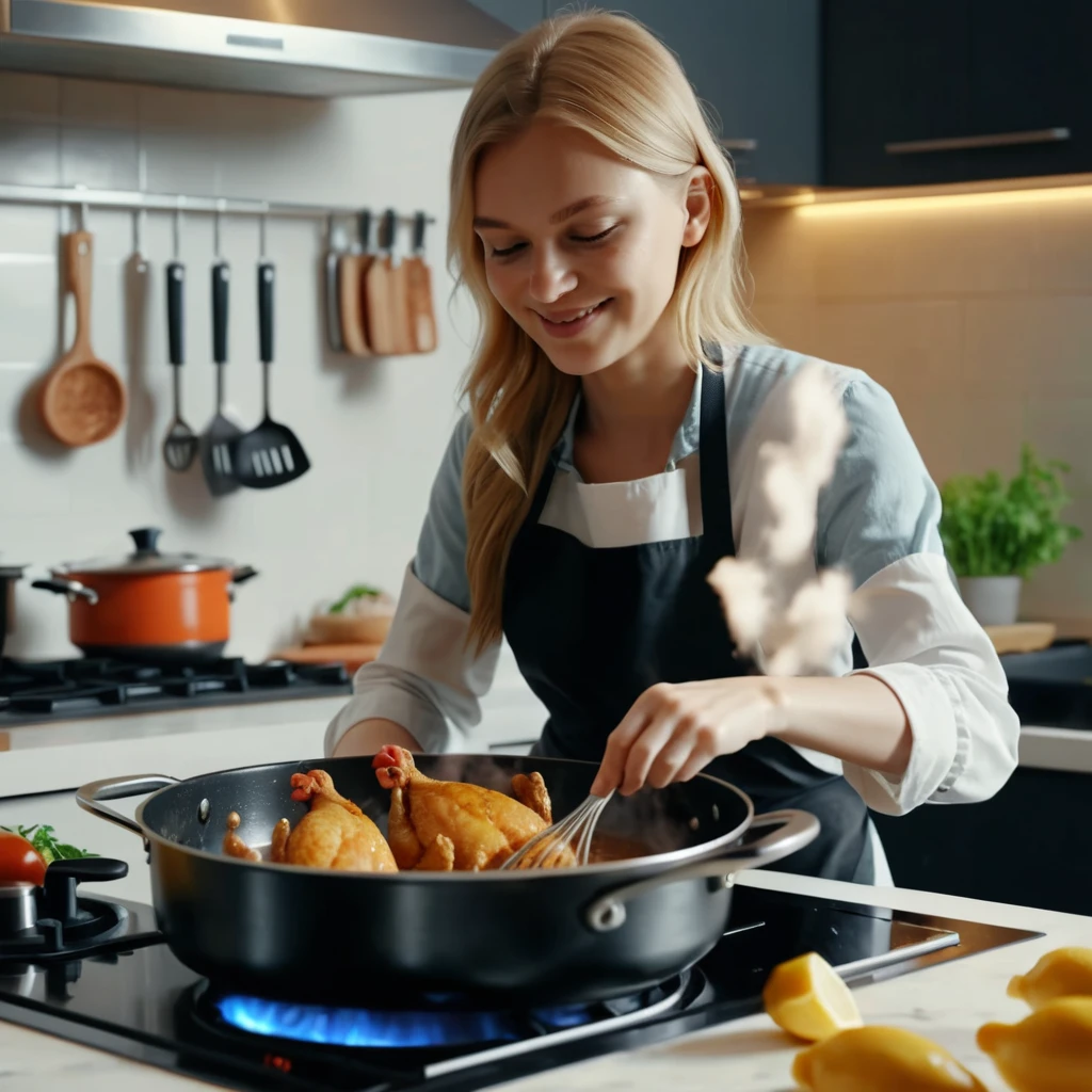 Smiling girl cooking chicken in a modern kitchen