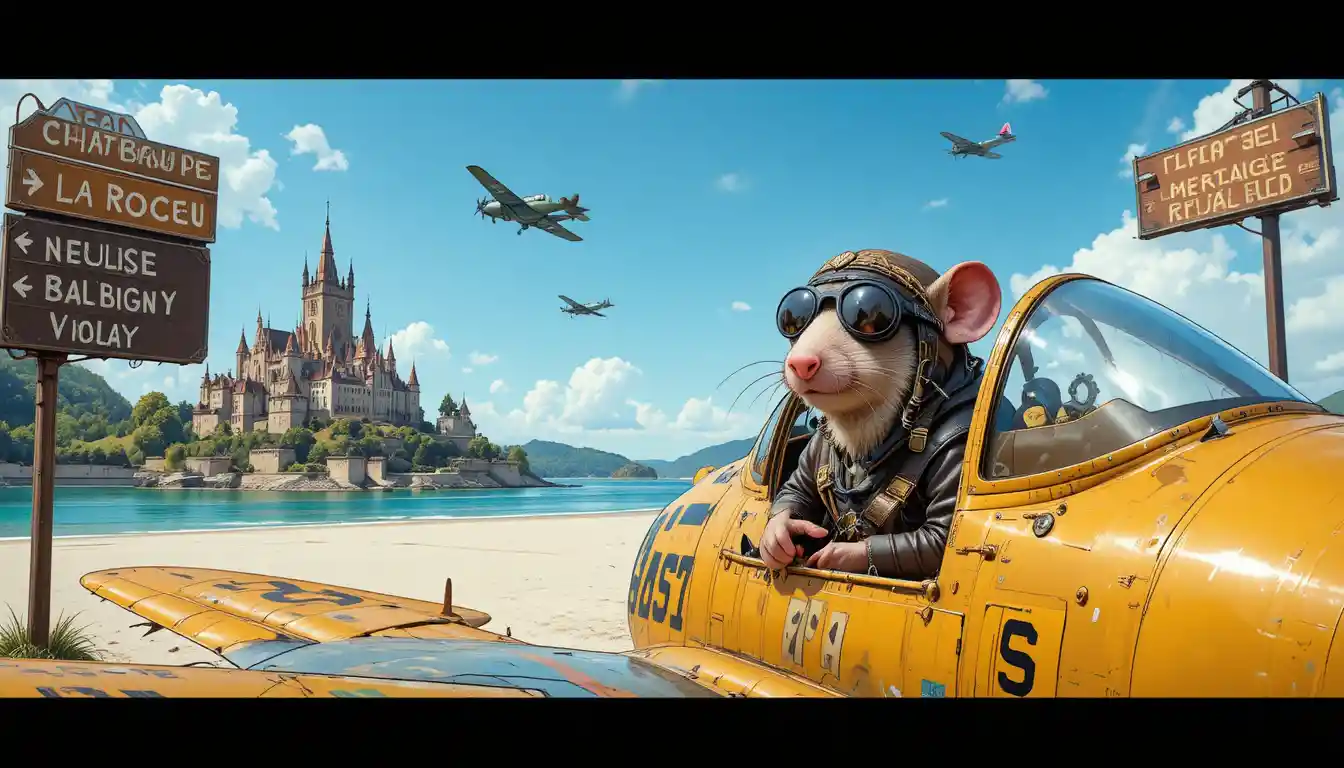 Anthropomorphic rat pilot in a vintage fighter cockpit