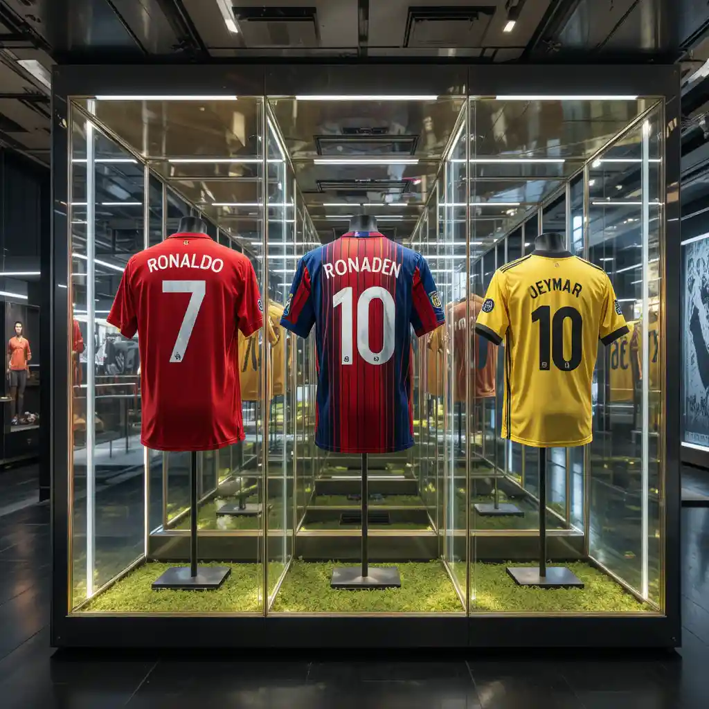 Futuristic museum of legendary football jerseys in glass cases