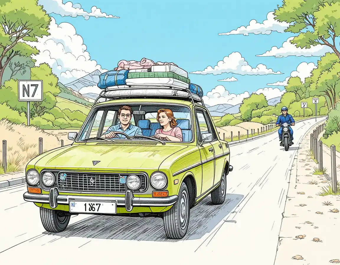 Retro car driving on sunny road with couple and luggage
