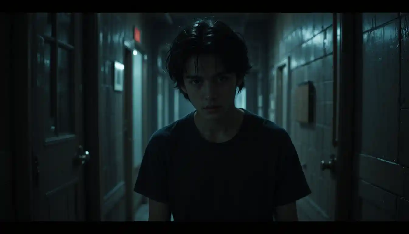 Teenage boy with fearful expression in cinematic low key light