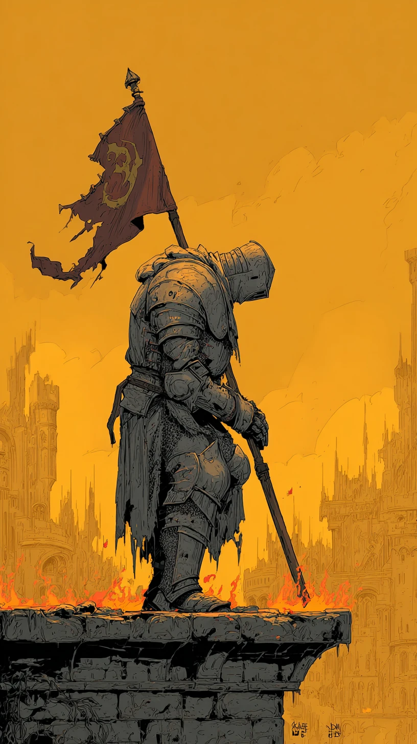 Armored paladin with burning flag on ruined fortress wall