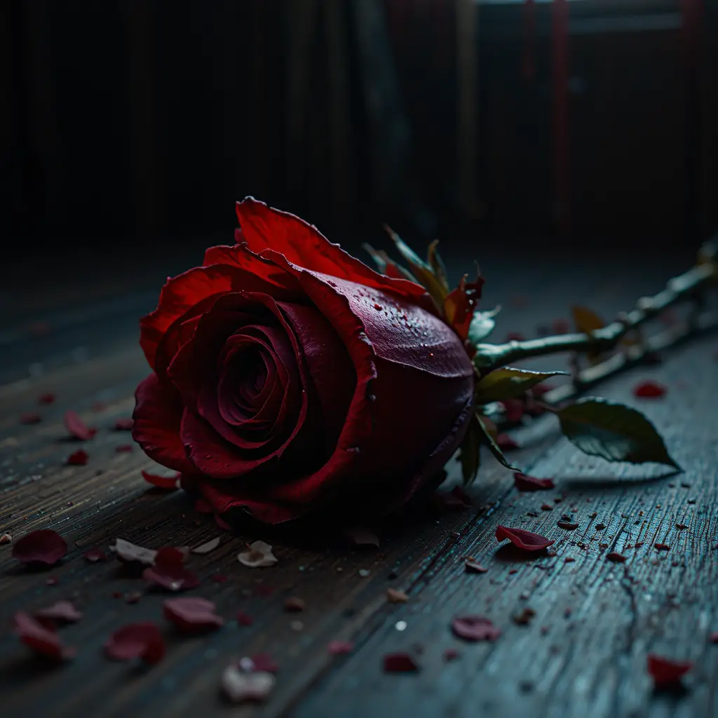 Rosa rosso scuro su tavolo di legno consumato nelle ombre