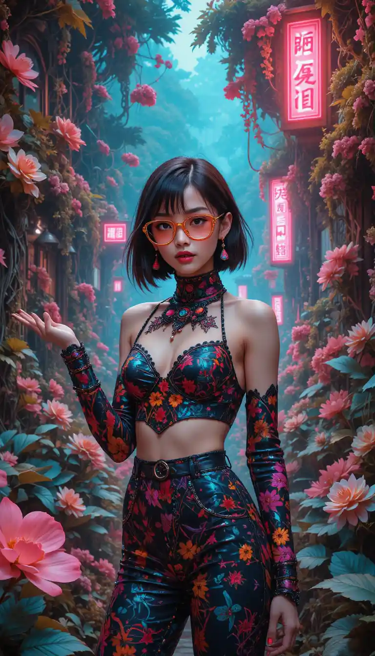 Surreal woman in avant garde fashion amid glowing jungle
