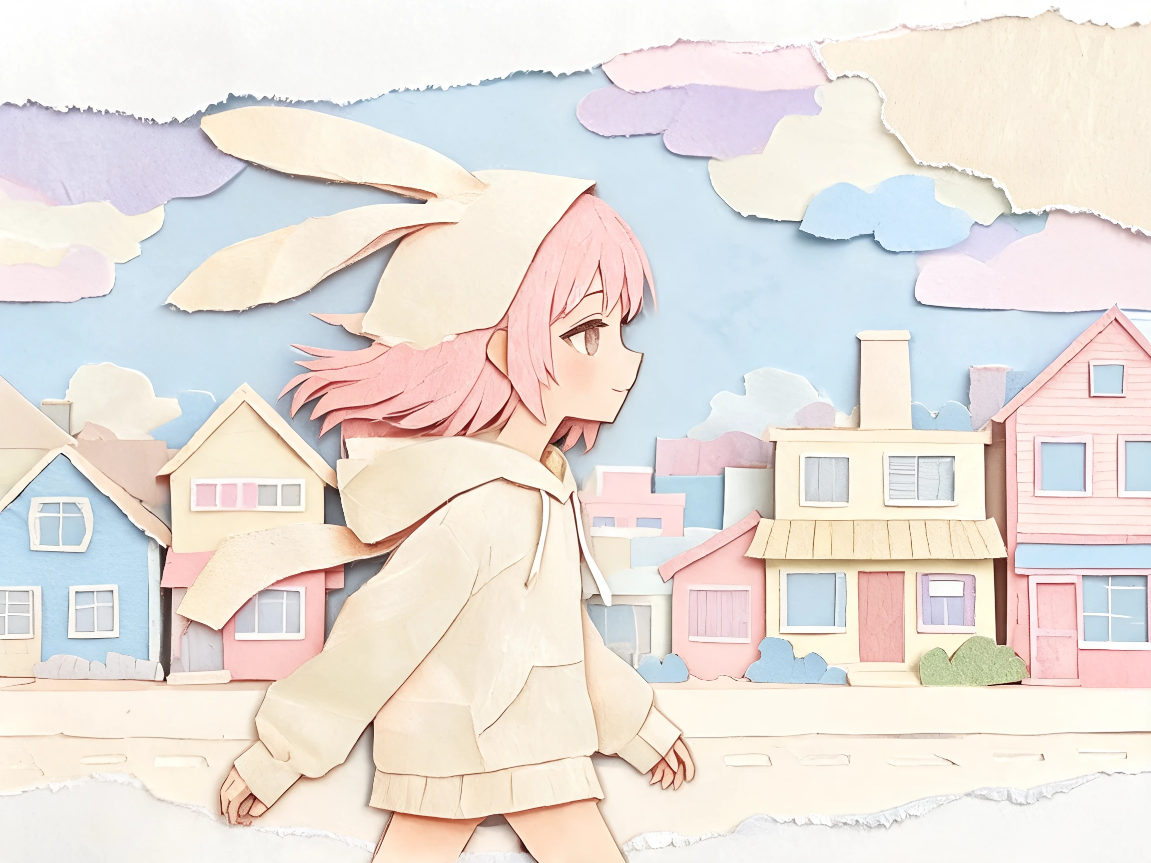 Anime woman walking in a pastel paper collage cityscape