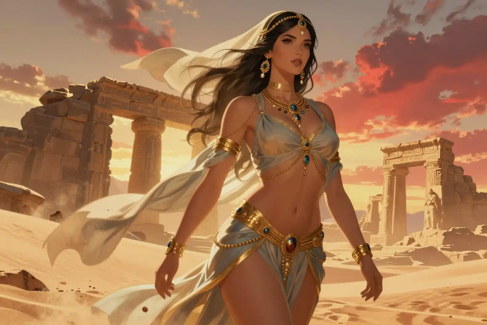 Regal desert queen above ancient sandstone ruins
