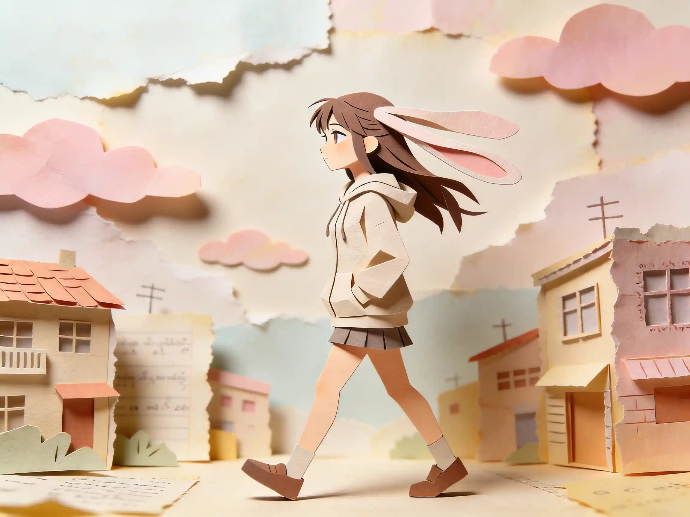 Anime woman walking in pastel paper collage cityscape