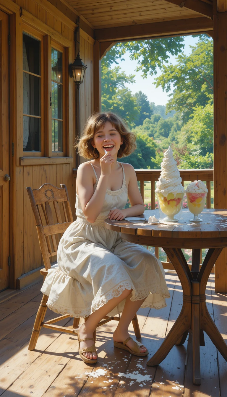 Girl eating ice cream on a sunny wooden veranda