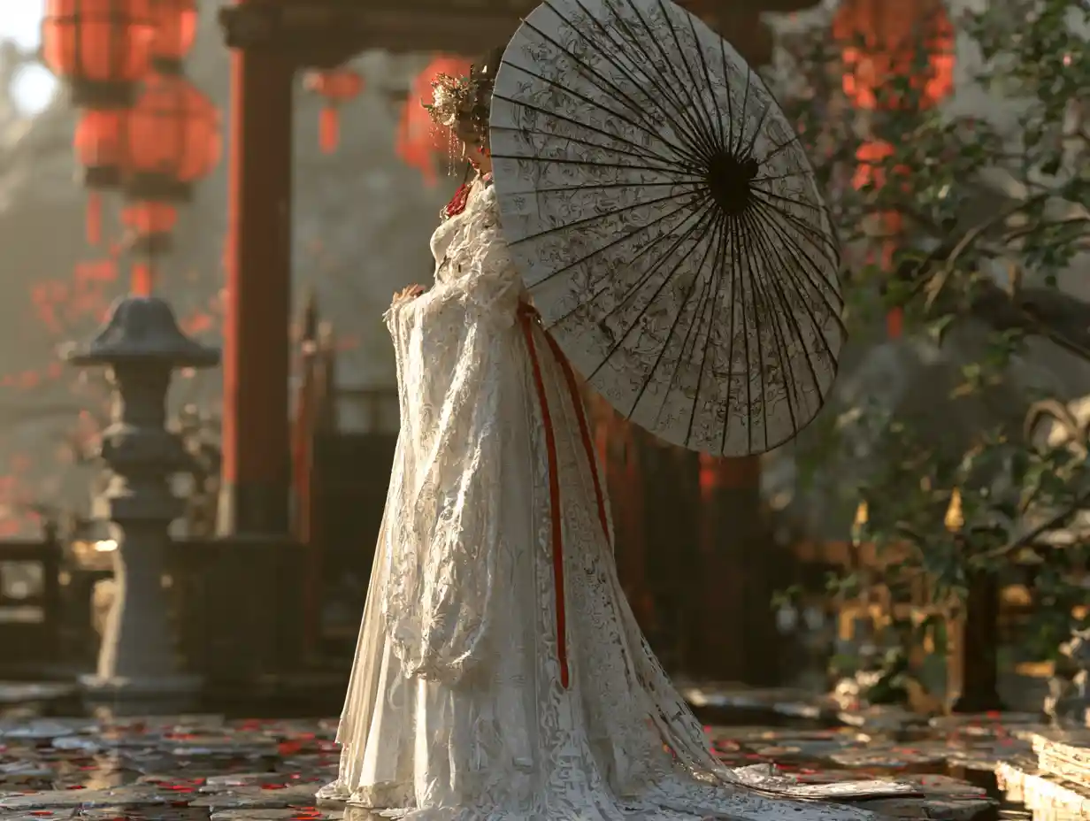 Elegant white robed woman with painted parasol in fantasy city