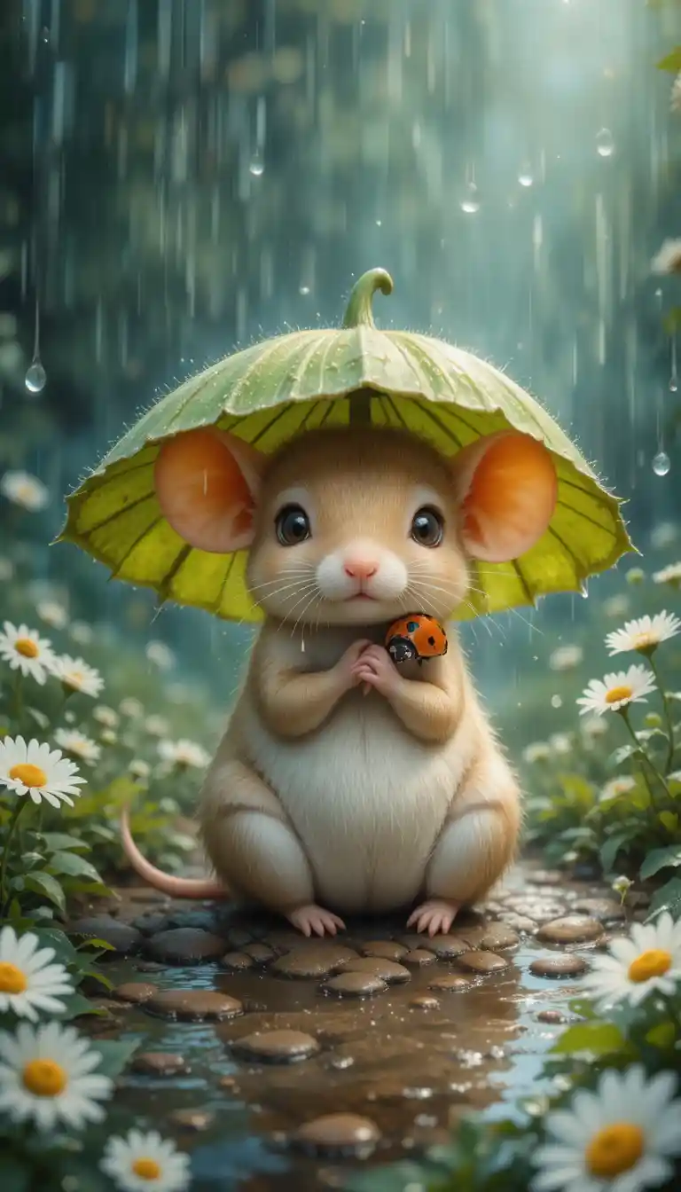 Tiny mouse shelters under a leaf umbrella in the rain