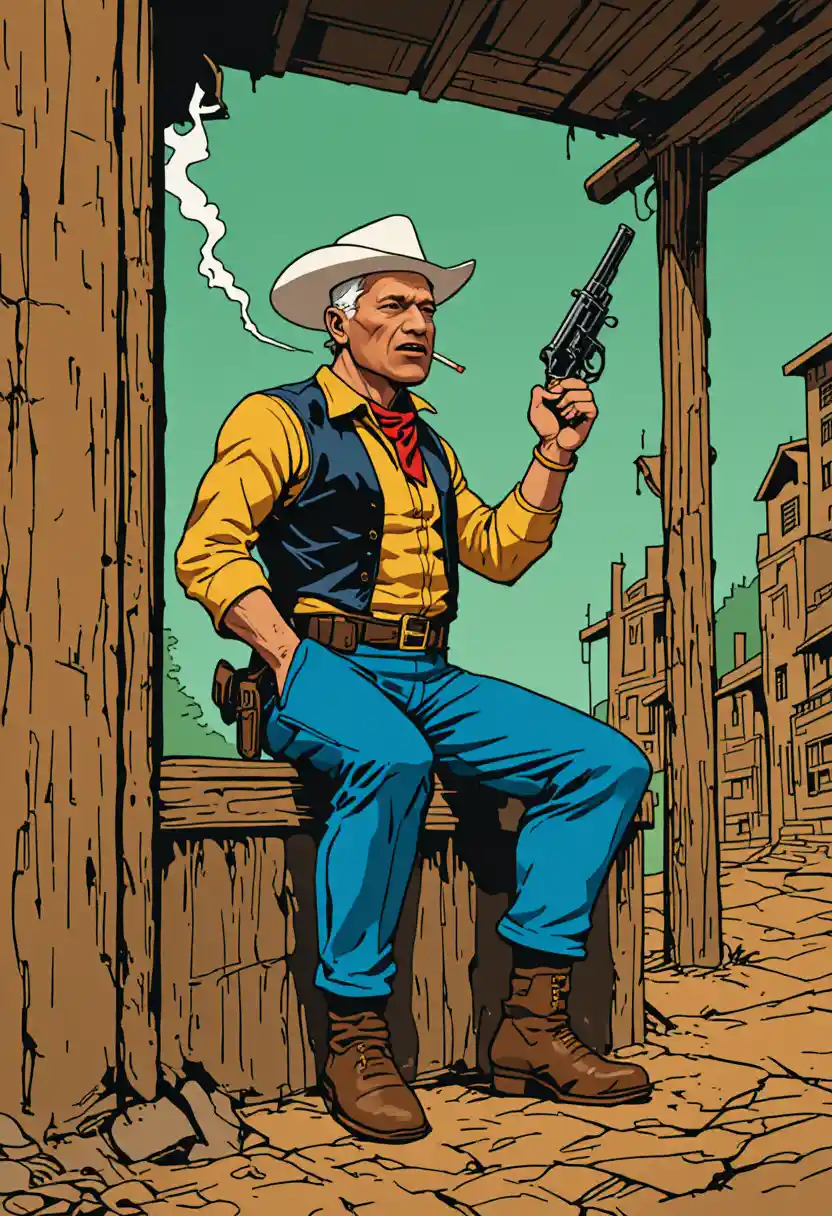 Comic style cowboy leaning with revolver on green background
