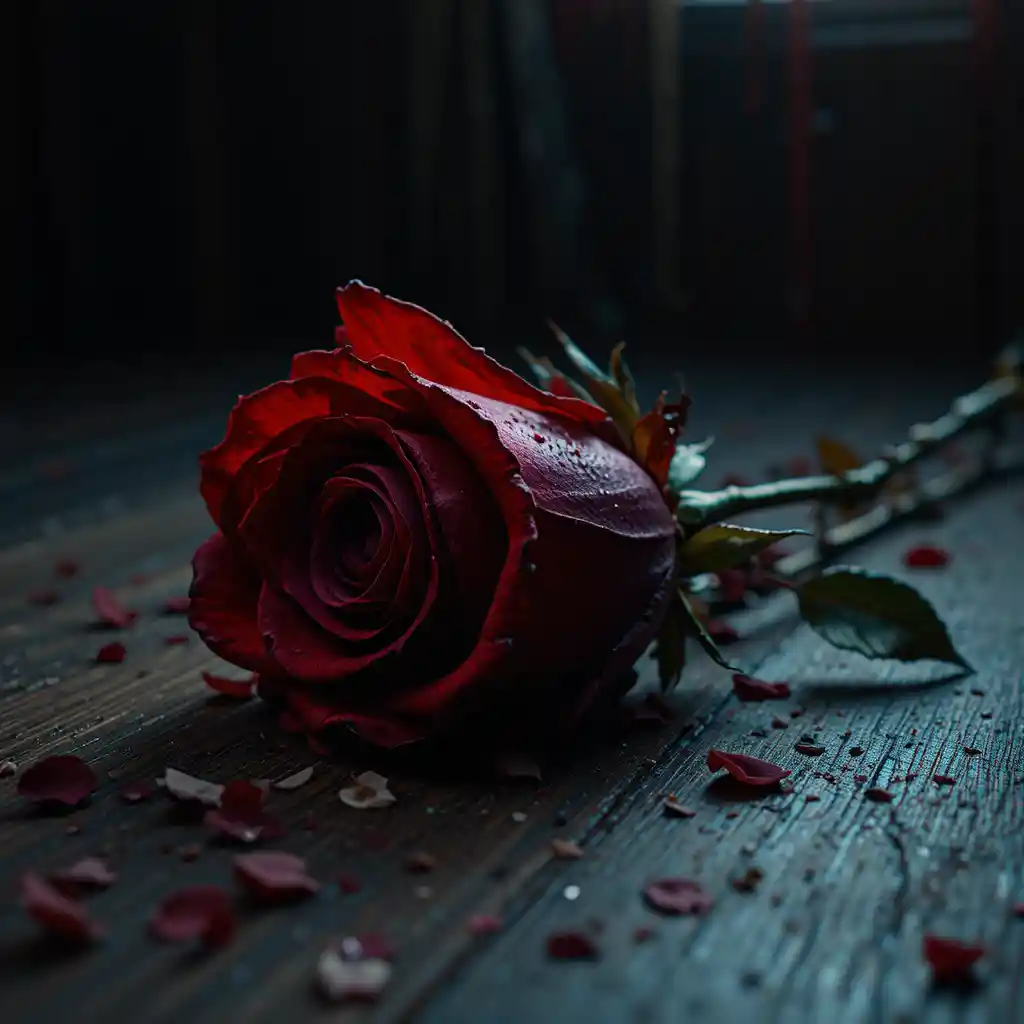 Dark red rose on a worn wooden table in shadows