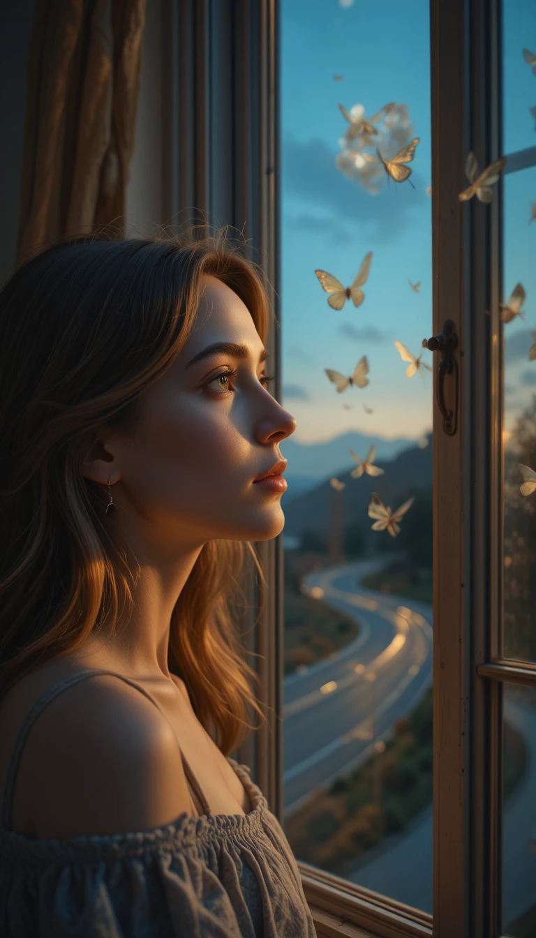 Femme réfléchie d’âge mûr regardant par une fenêtre au crépuscule