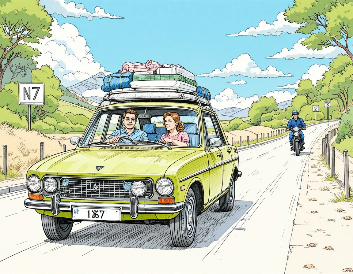 Retro car driving on sunny road with couple and luggage
