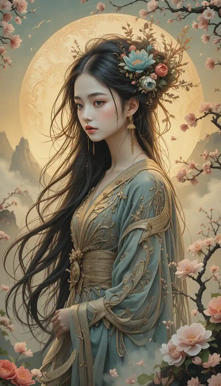Mystical woman in a dreamy fantasy landscape with blossoms