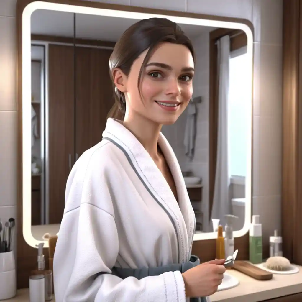 Confident girl smiling in front of bedroom mirror