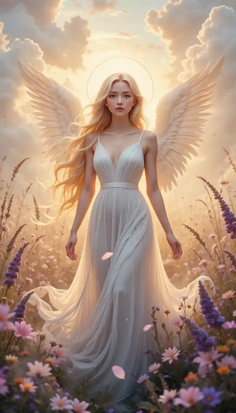 Ethereal angel in a glowing sunset dream meadow