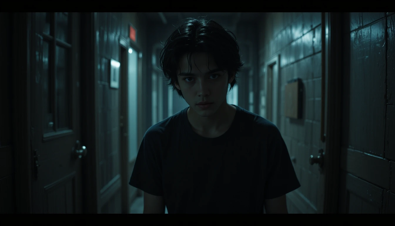 Teenage boy with fearful expression in cinematic low key light