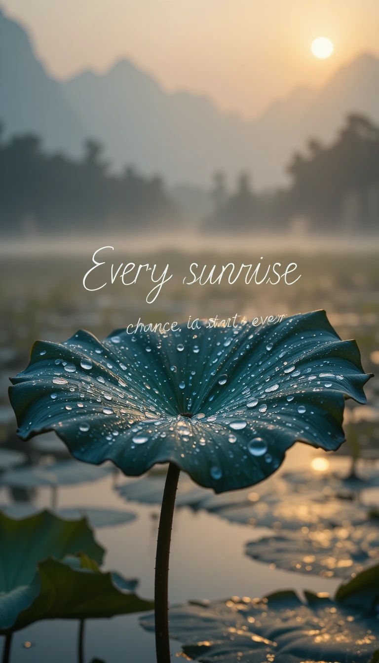 Macro water lily leaf at sunrise over misty lake