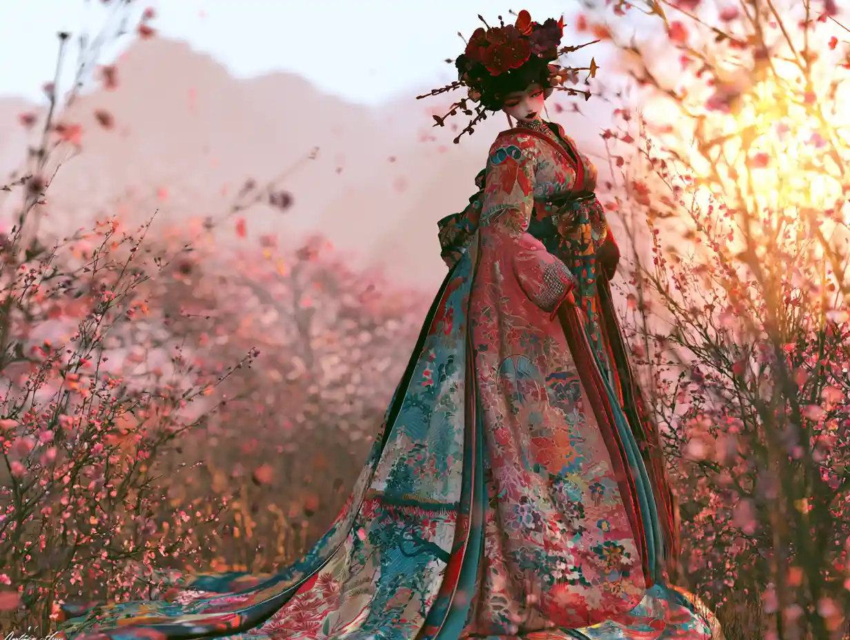Enchanting fantasy woman amid cherry blossoms and mountains