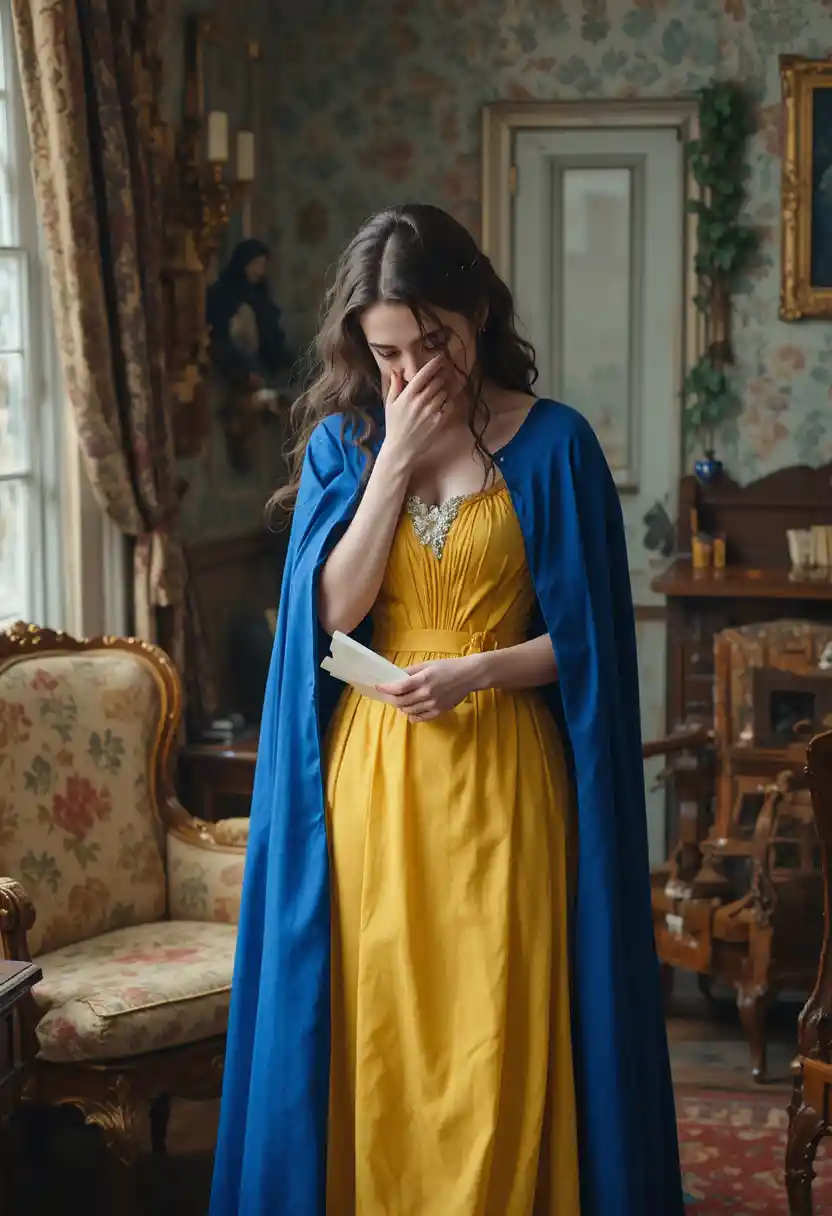 Victorian woman weeping over a letter in a drawing room