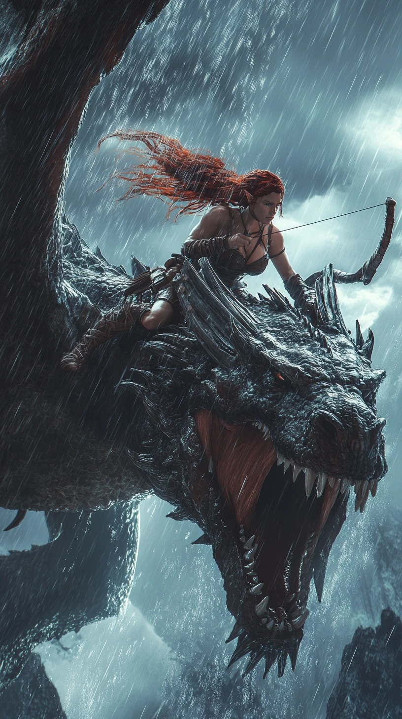 Amazon warrior riding a dragon through stormy moonlit sky
