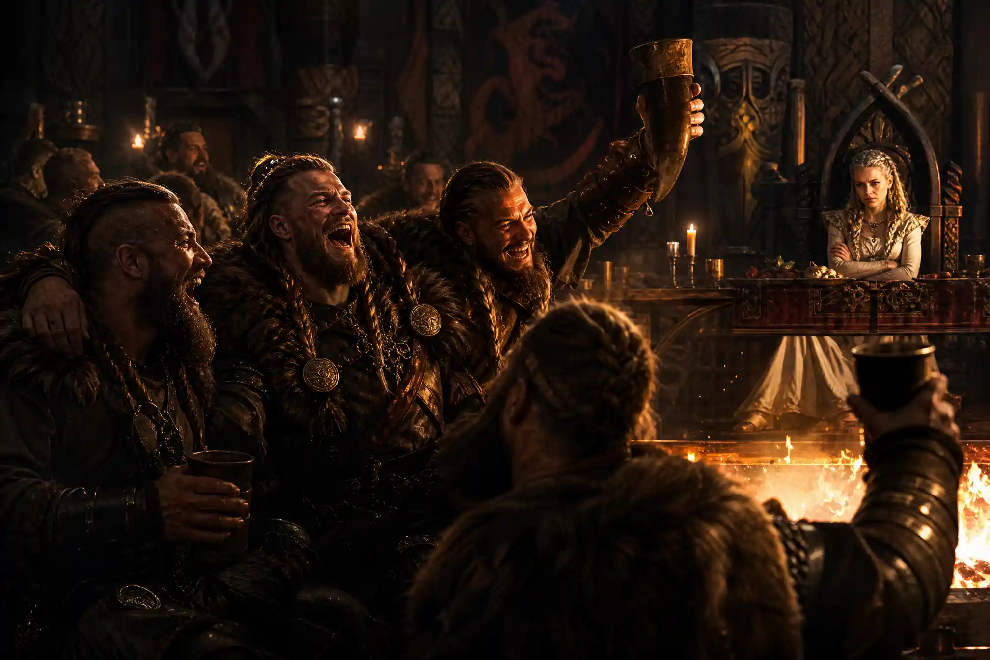 Laughing Viking groom in a crowded mead hall feast