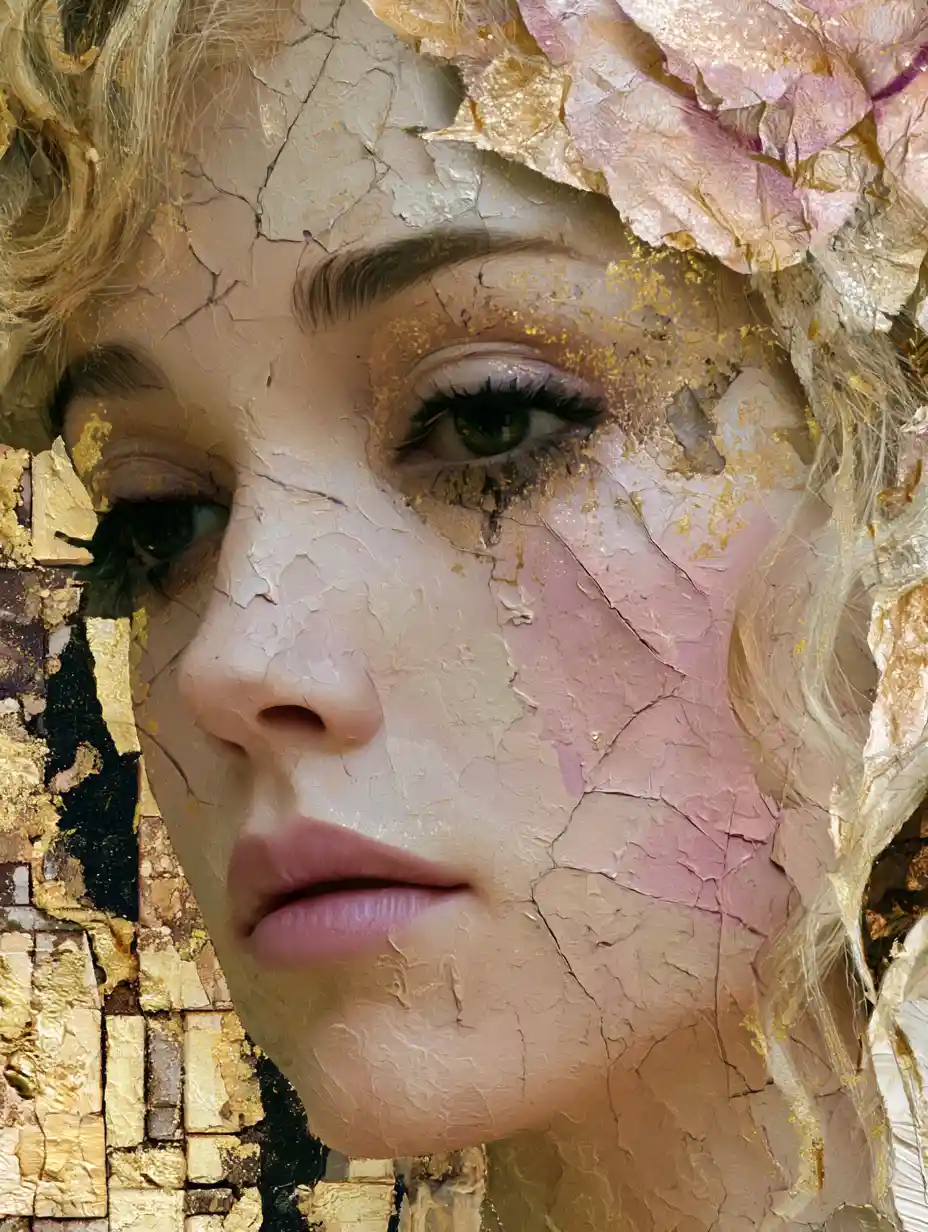 Whimsical woman in metallic mixed media dreamscape portrait