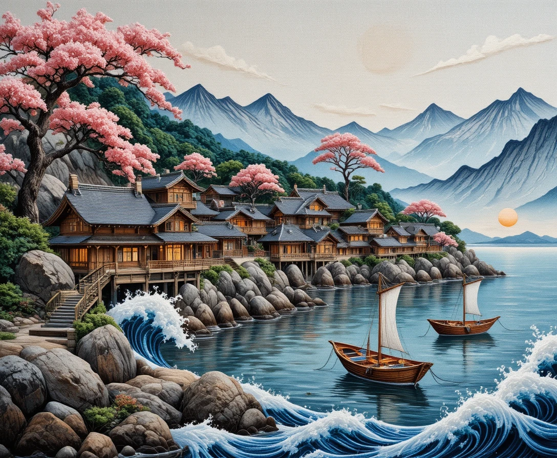 Embroidered Japanese seaside village with boats and blossoms
