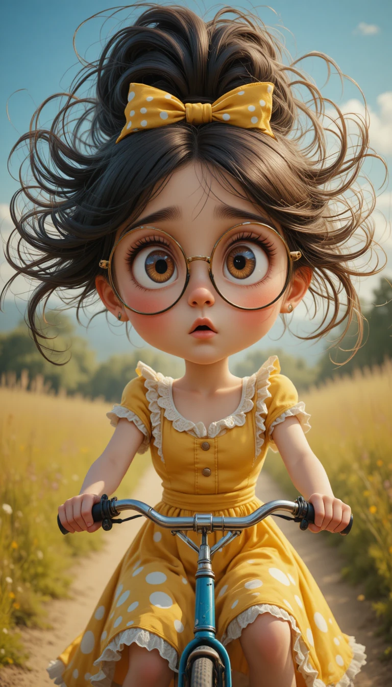 Surprised girl on vintage bicycle with wild hair and bow