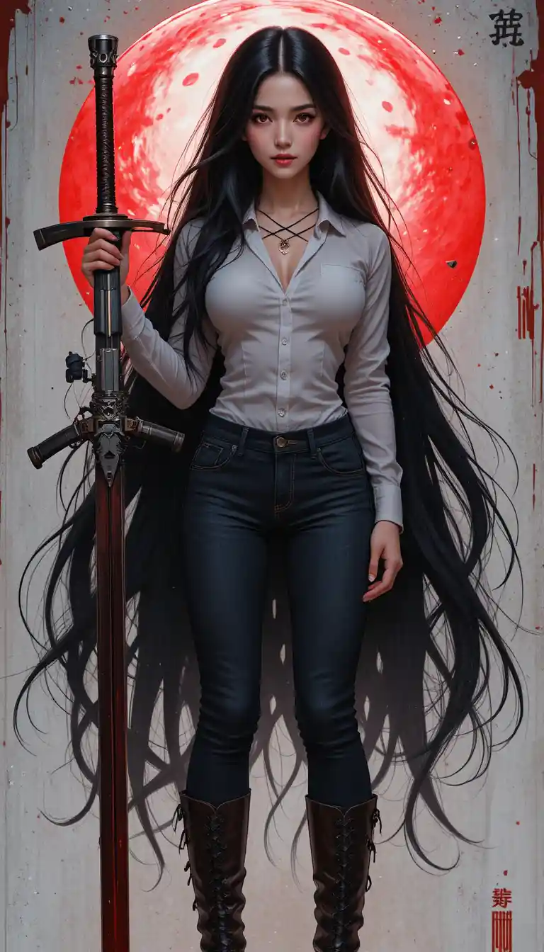 Calm noble Asian vampire woman with long black white hair