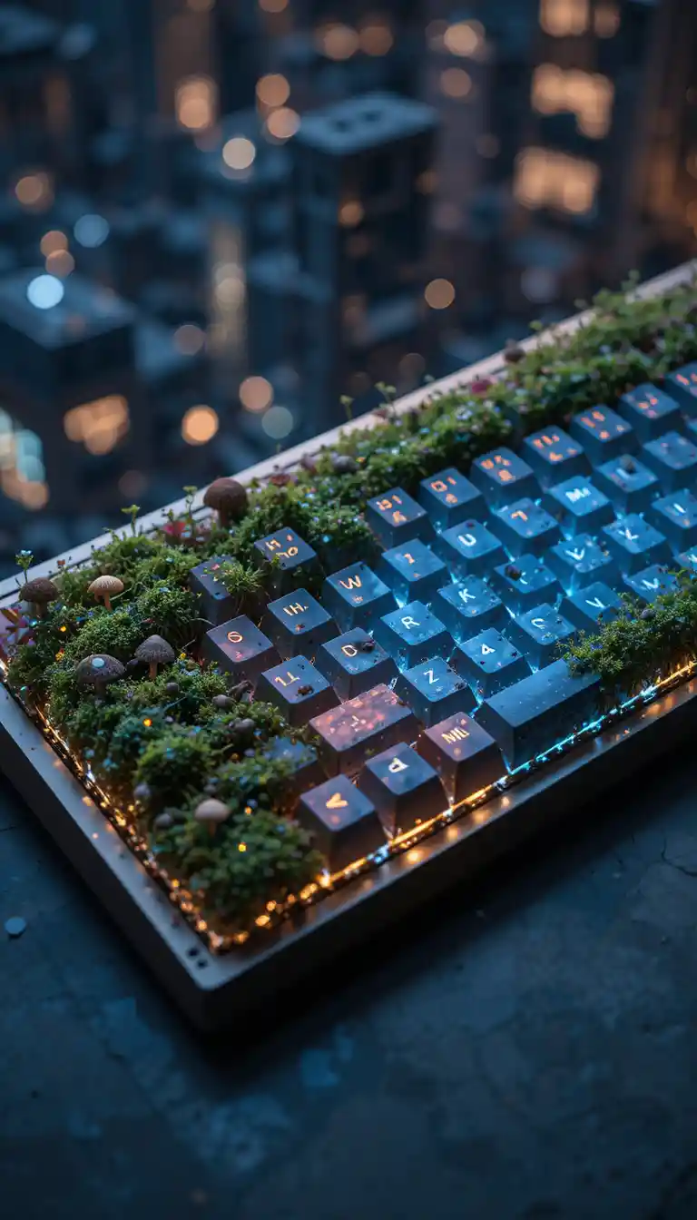 Moss And Glass Mechanical Keyboard In Top Down View