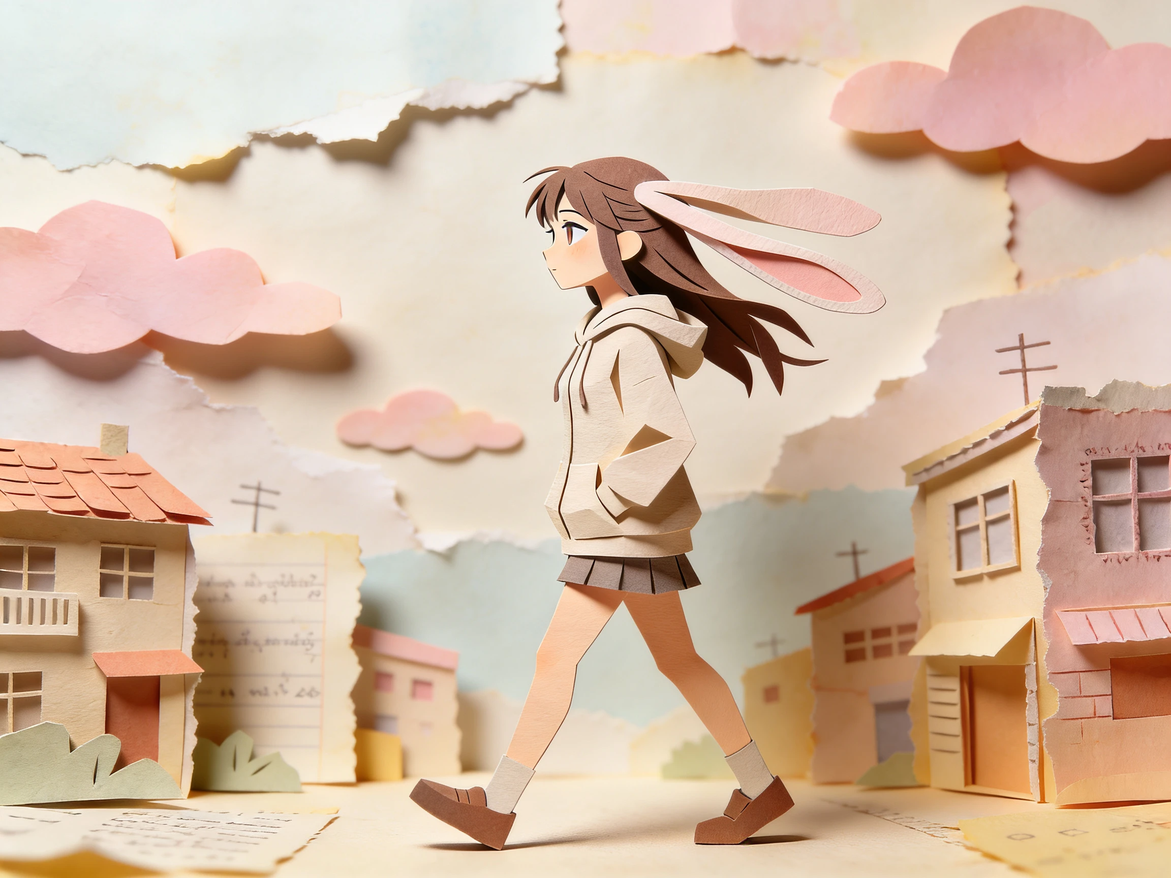 Anime woman walking in pastel paper collage cityscape