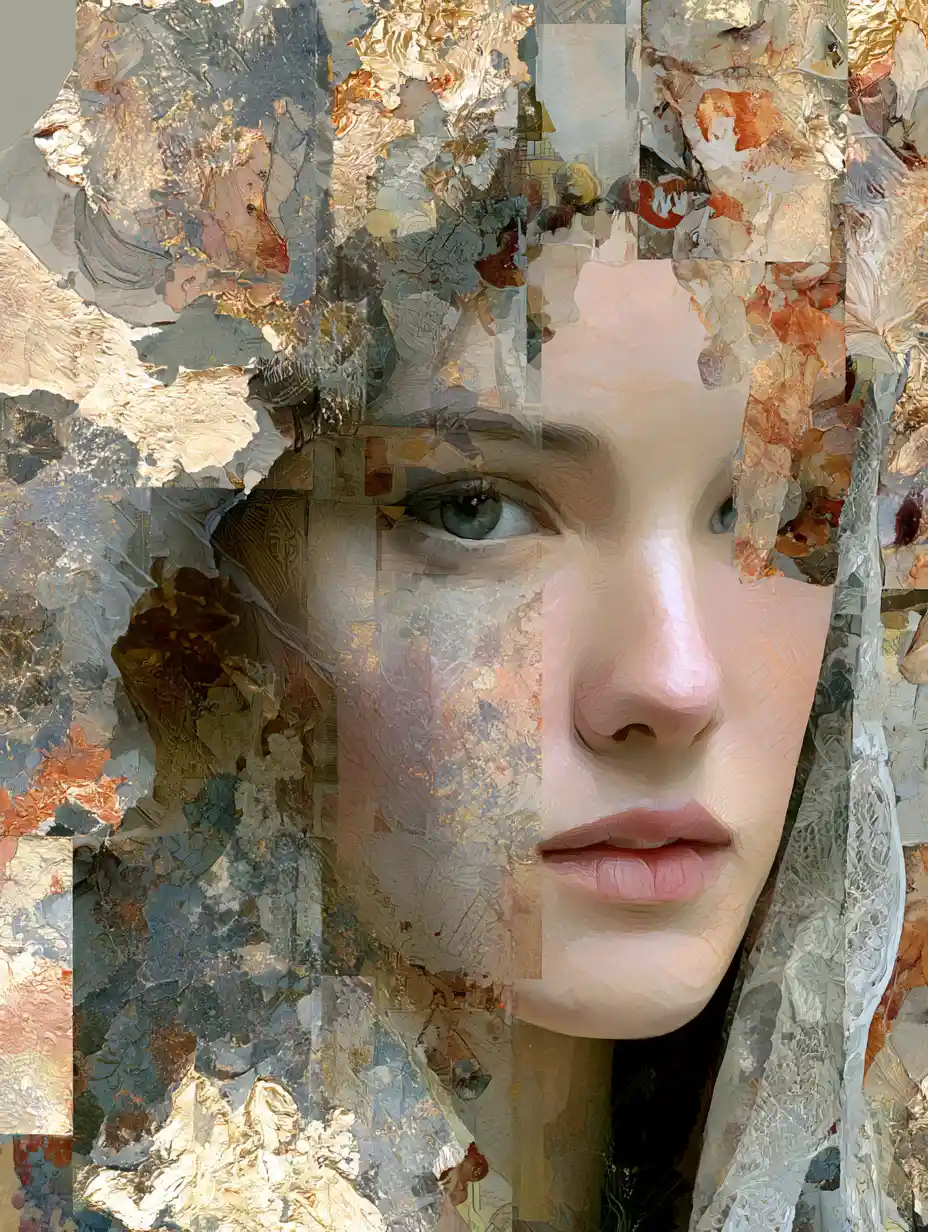 Whimsical woman portrait in gilded art nouveau dreamscape