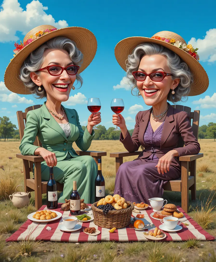 Laughing elderly women sharing wine at a sunny picnic