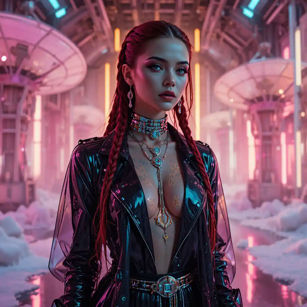 Cybernetic woman in neon laboratory with glitch fashion