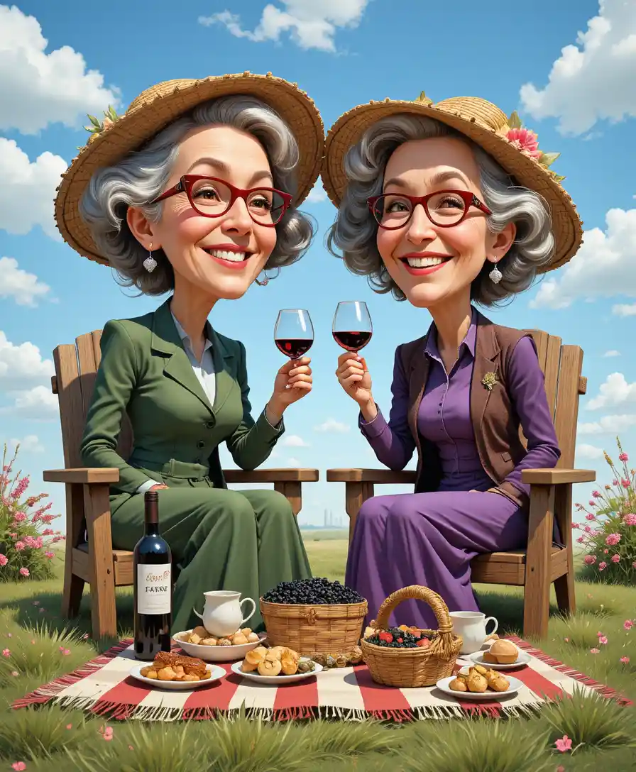 Laughing elderly women sharing wine at sunny picnic